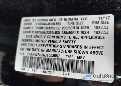 2018 Honda Cr-V Ex-L/Ex-L Navi z USA, uszkodzony, nr VIN 7FARW2H86JE008557